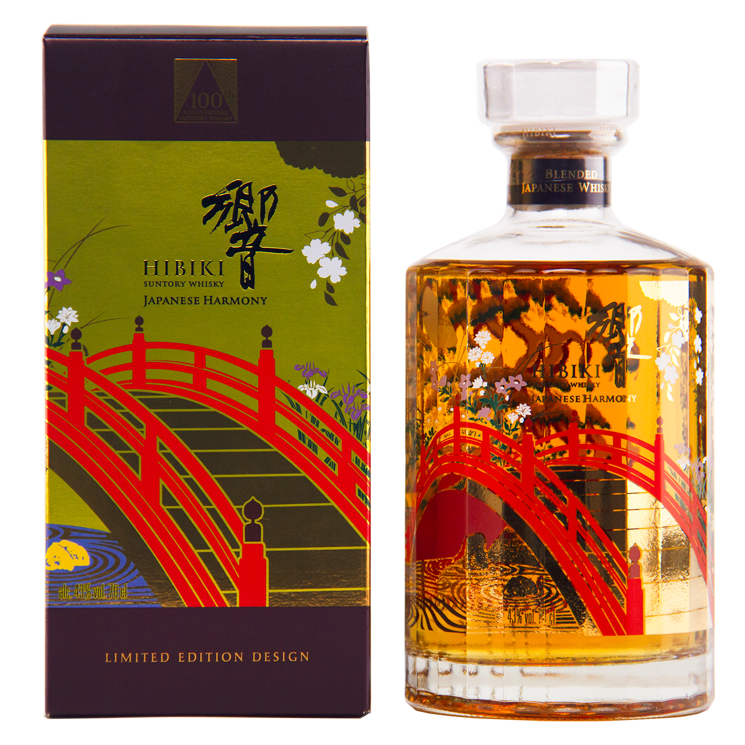 The Hibiki Japanese Harmony Suntory 100th Anniversary Limited Edition whisky stands beside its decorative box, featuring a striking red bridge and floral designs with gold accents.