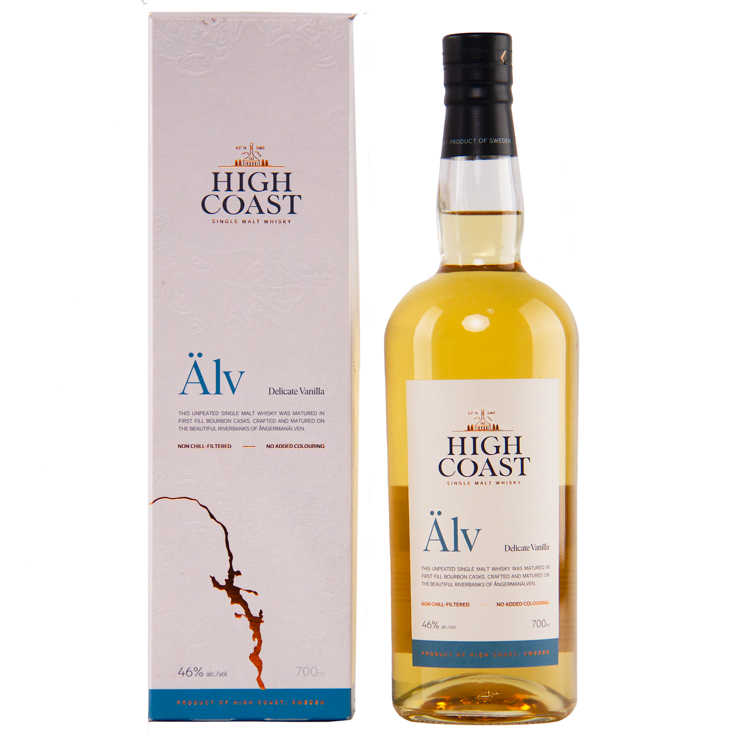 A 700 ml bottle of High Coast Älv Single Malt Swedish Whisky (46% ABV) from the Origins series stands beside its matching white box. The whisky displays a light amber color and offers a delicate vanilla flavor.