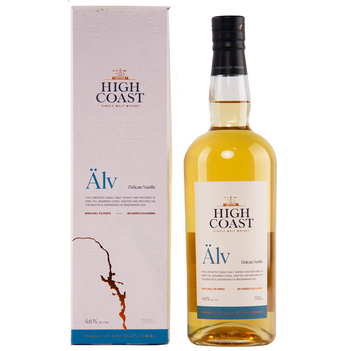 A 700 ml bottle of High Coast Älv Single Malt Swedish Whisky (46% ABV) from the Origins series stands beside its matching white box. The whisky displays a light amber color and offers a delicate vanilla flavor.