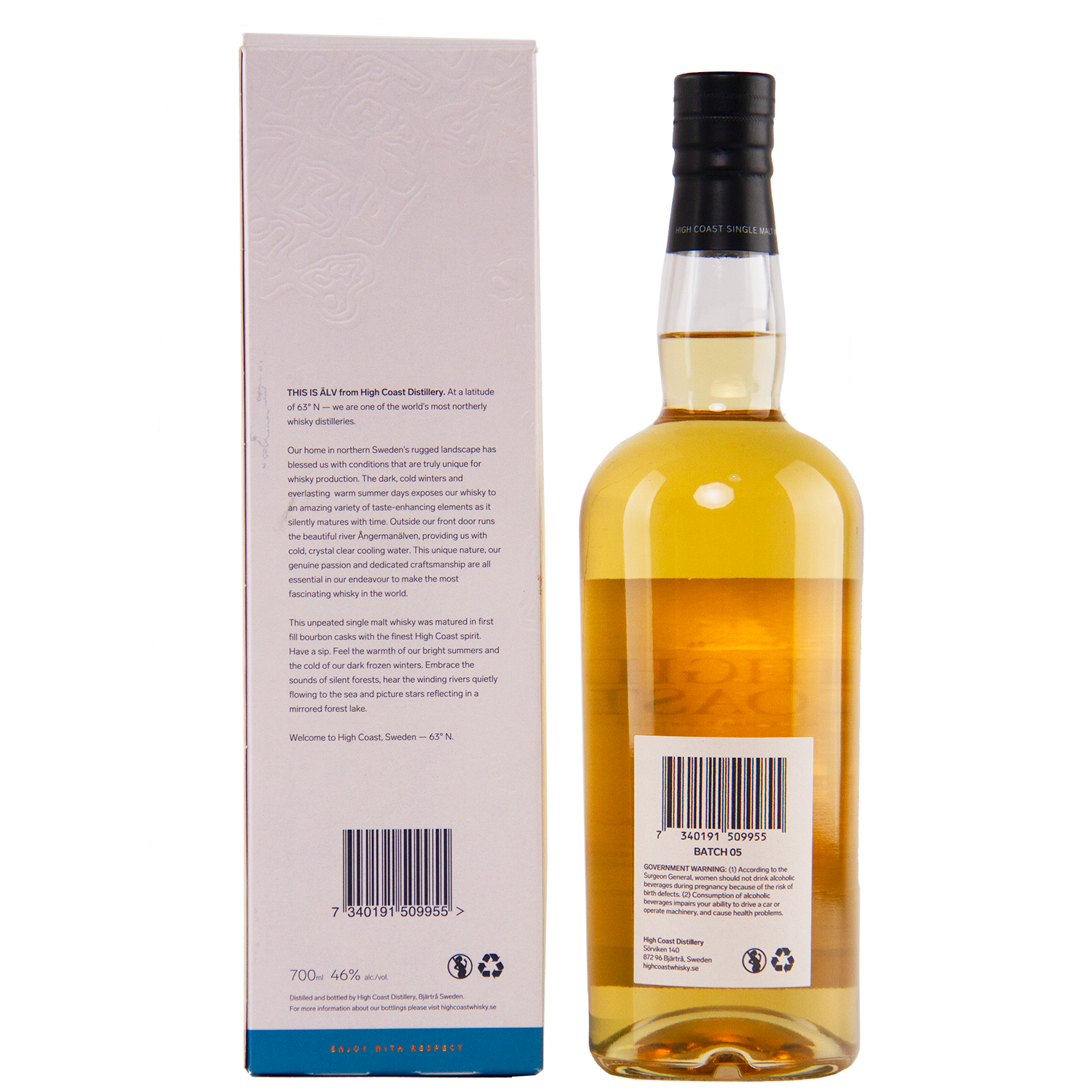 A bottle of High Coast Älv Single Malt Swedish Whisky with a black cap stands beside its white Origins series box, both featuring product details and barcode on the back label, set against a plain white background.