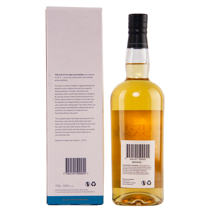 A bottle of High Coast Älv Single Malt Swedish Whisky with a black cap stands beside its white Origins series box, both featuring product details and barcode on the back label, set against a plain white background.