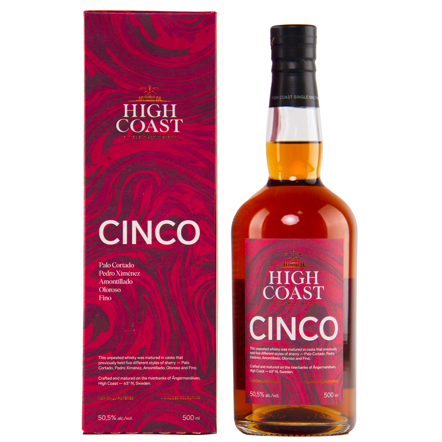 High Coast Cinco bottle and packaging on a white background