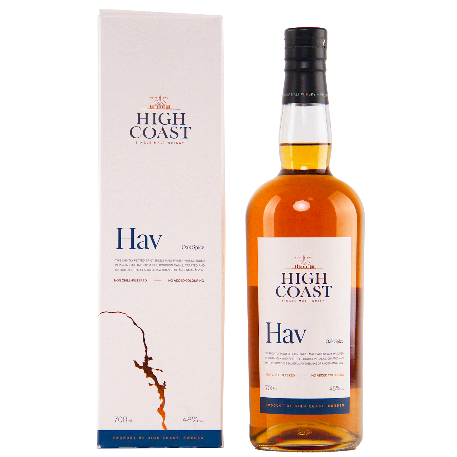 A bottle of High Coast Hav Single Malt Swedish Whisky stands beside its white box, both adorned with blue and gold text and a map outline. The bottle holds amber whisky matured in oak casks.