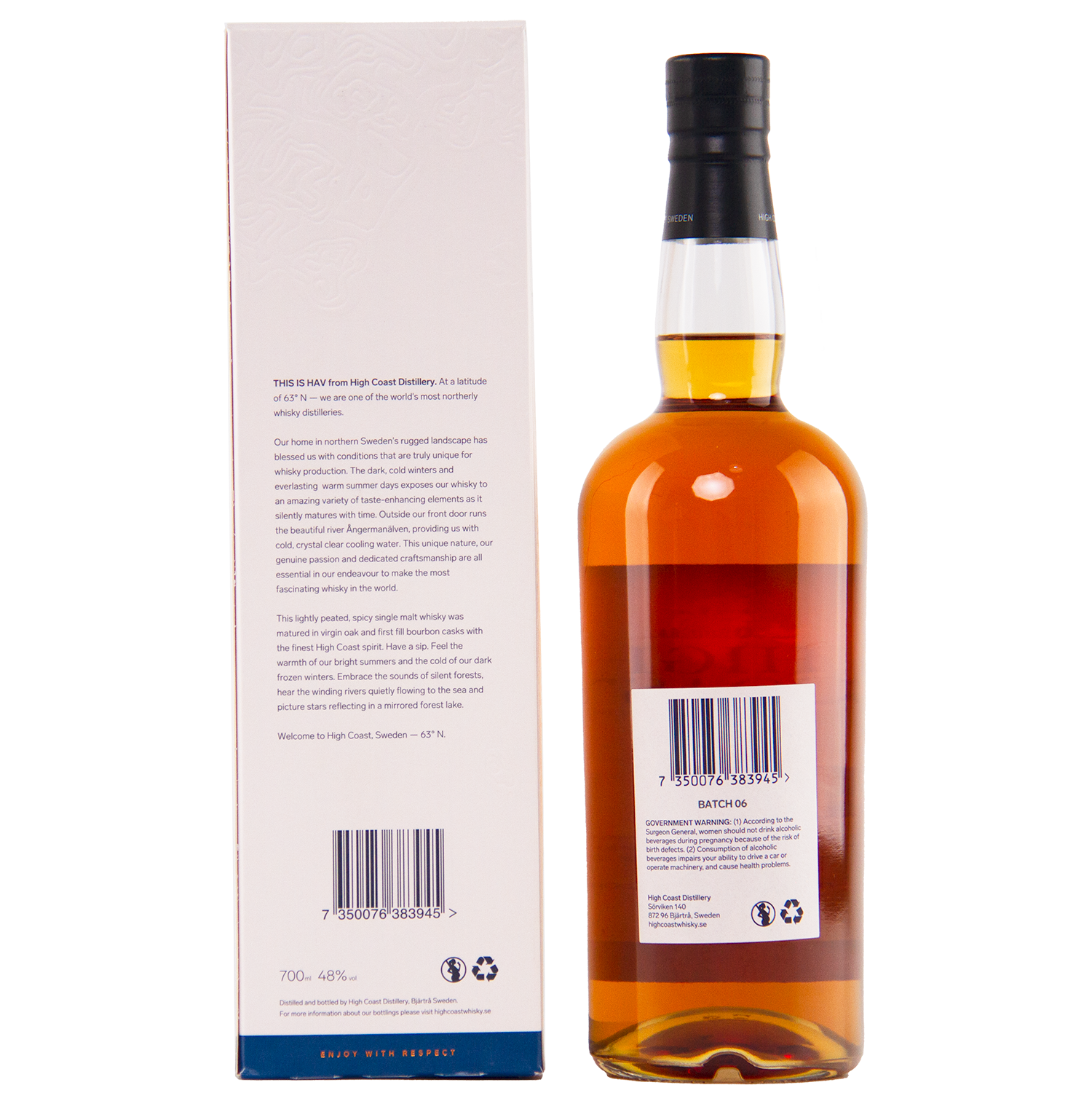 A bottle of High Coast Hav Single Malt Swedish Whisky with a black cap stands next to its white box. Both show barcode labels and product info on the back, while the box highlights its unique oak cask maturation.