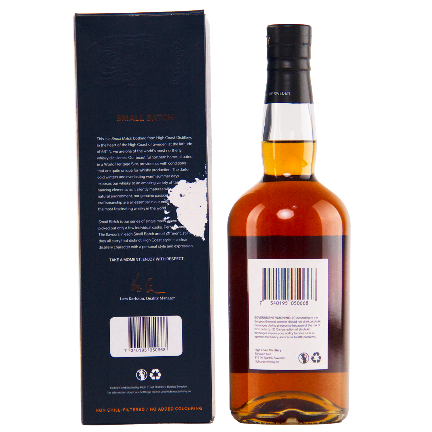 Whiskey bottle with label and box on a white background