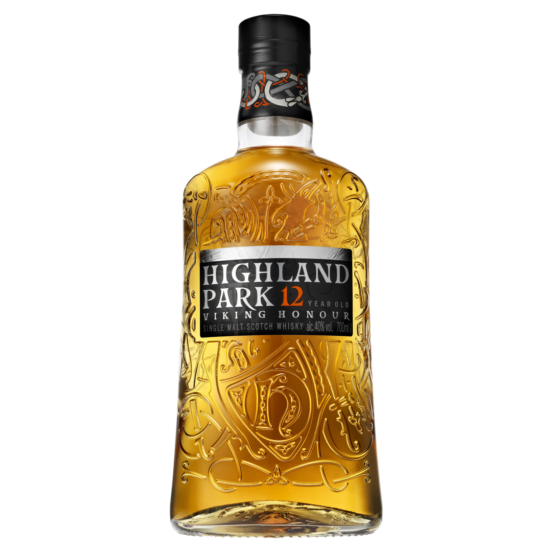 A bottle of Highland Park 12 Year Old Viking Honour Single Malt Scotch Whisky from the Orkney Islands, featuring an ornate embossed design and a black label with white and gold lettering.