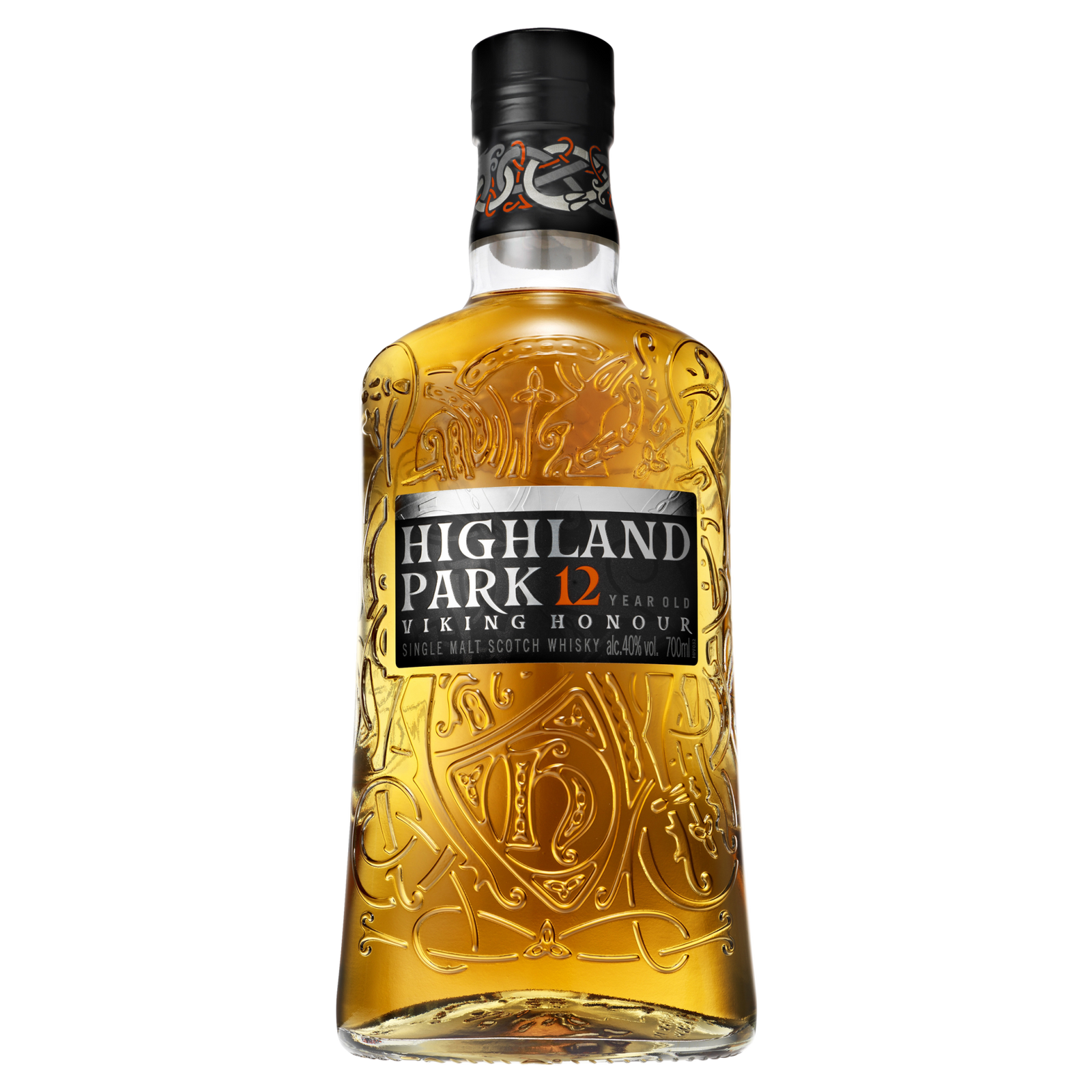 A bottle of Highland Park 12 Year Old Viking Honour Single Malt Scotch Whisky from the Orkney Islands, featuring an ornate embossed design and a black label with white and gold lettering.