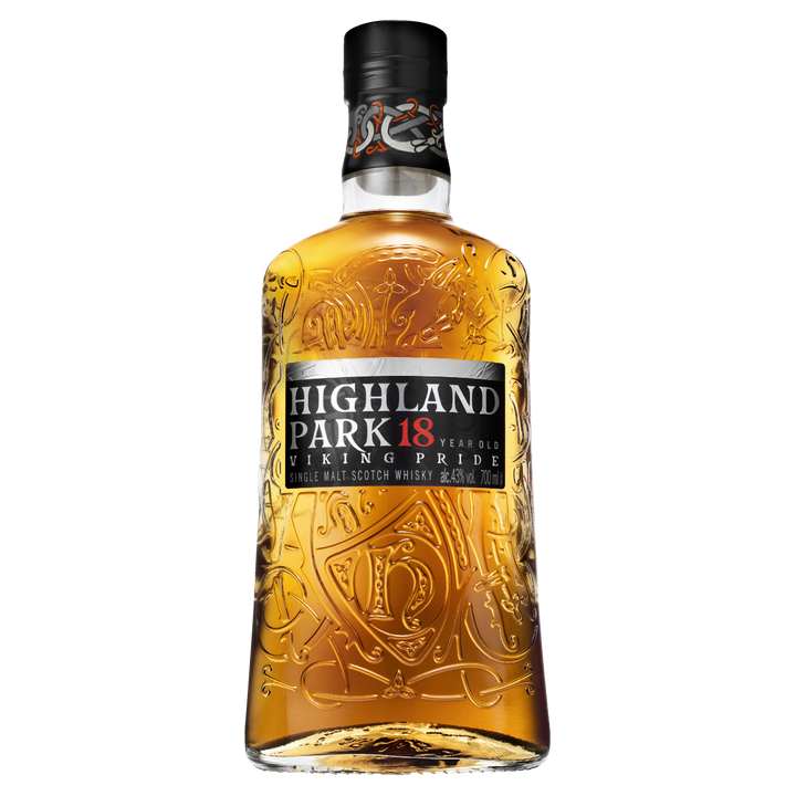 A bottle of Highland Park 18 Year Old Single Malt Scotch Whisky from Orkney, featuring embossed glass design and a black label with white and gold text.