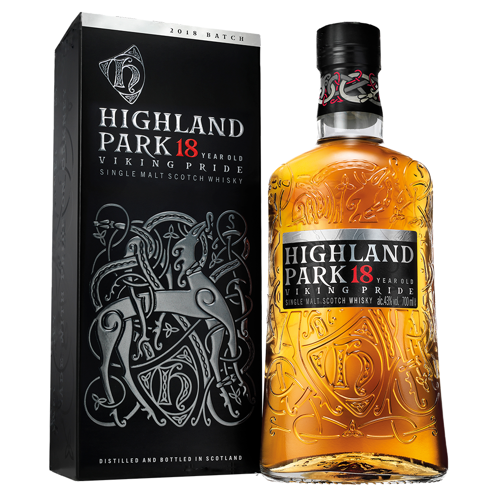 A bottle of Highland Park 18 Year Old Single Malt Scotch Whisky stands beside its ornate black box, both showcasing Norse-inspired designs accented with gold, white, and red text.