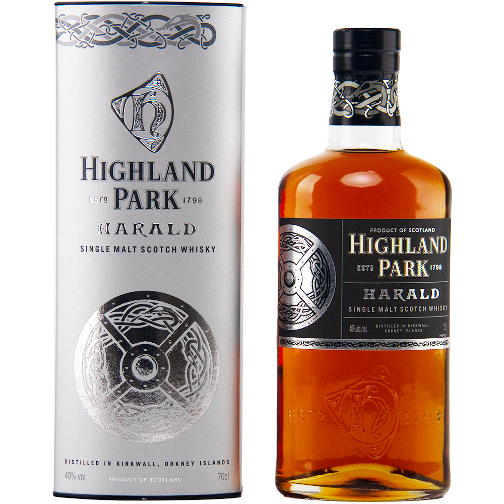 A bottle of Highland Park Harald Single Malt Scotch Whisky stands beside its matching silver cylindrical box, both adorned with Celtic designs and black, silver, and gold labels inspired by sherry-seasoned oak casks.