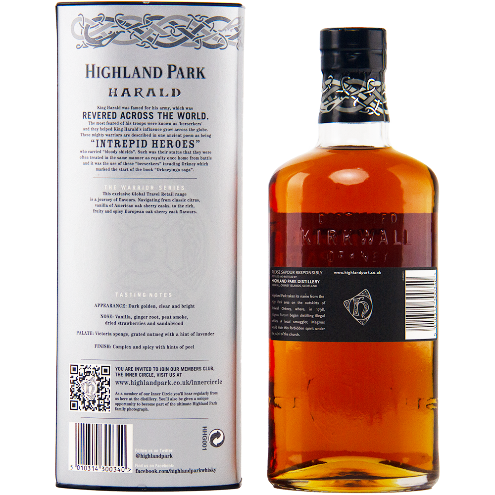 A bottle of Highland Park Harald Single Malt Scotch Whisky stands next to its decorative box, filled with amber spirit from sherry oak casks. The bottle has a black cap, and the box displays text and Celtic-inspired designs.