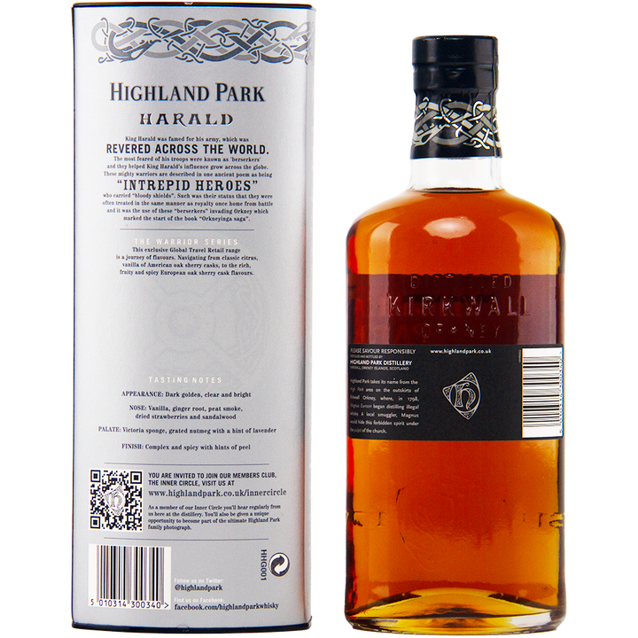 A bottle of Highland Park Harald Single Malt Scotch Whisky stands next to its decorative box, filled with amber spirit from sherry oak casks. The bottle has a black cap, and the box displays text and Celtic-inspired designs.