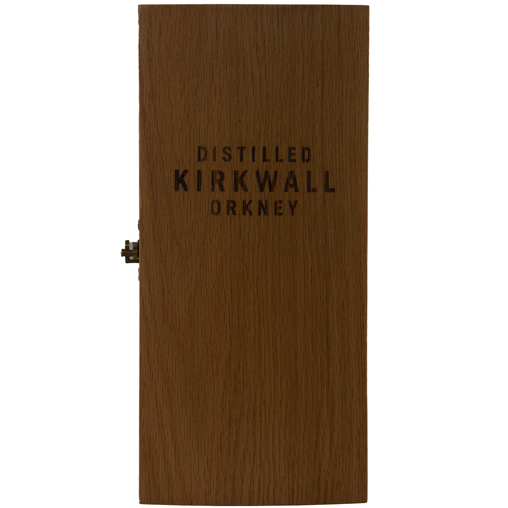 A tall, rectangular wooden box with "Distilled Kirkwall Orkney" printed in black and a brass hinge contains the sought-after Highland Park 30 Year Old Single Malt Whisky—an exceptional collector's item.