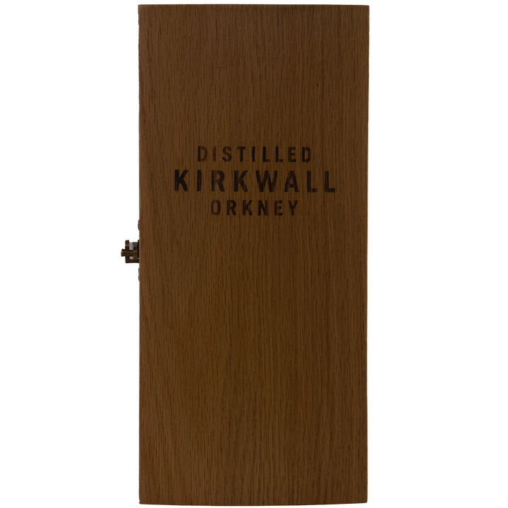 A tall, rectangular wooden box with "Distilled Kirkwall Orkney" printed in black and a brass hinge contains the sought-after Highland Park 30 Year Old Single Malt Whisky—an exceptional collector's item.