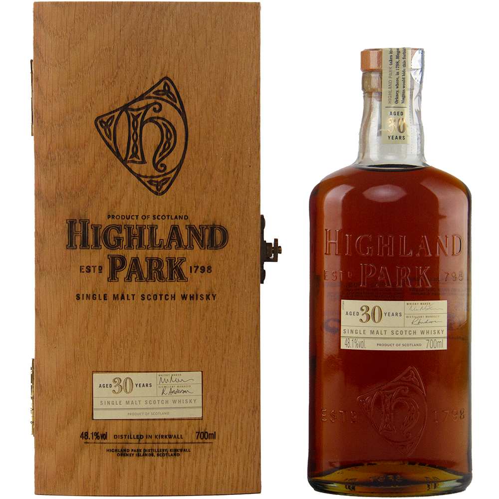 Highland Park 30-year-old single malt Scotch whisky bottle and wooden box on a white background