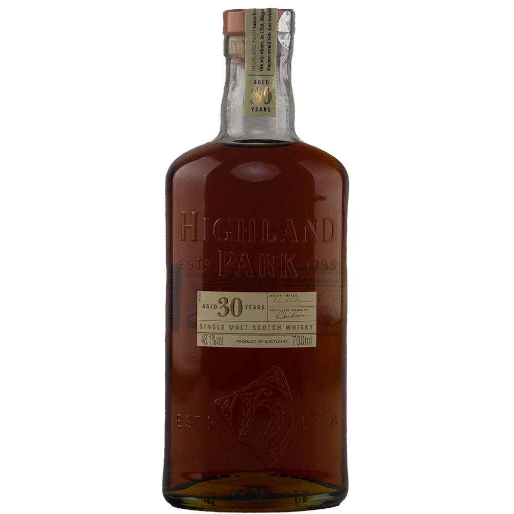 A bottle of Highland Park 30 Year Old Single Malt Whisky features amber liquid, embossed lettering, and a label displaying its age, 700ml volume, and 45.7% ABV—an exceptional collector’s whisky for connoisseurs.