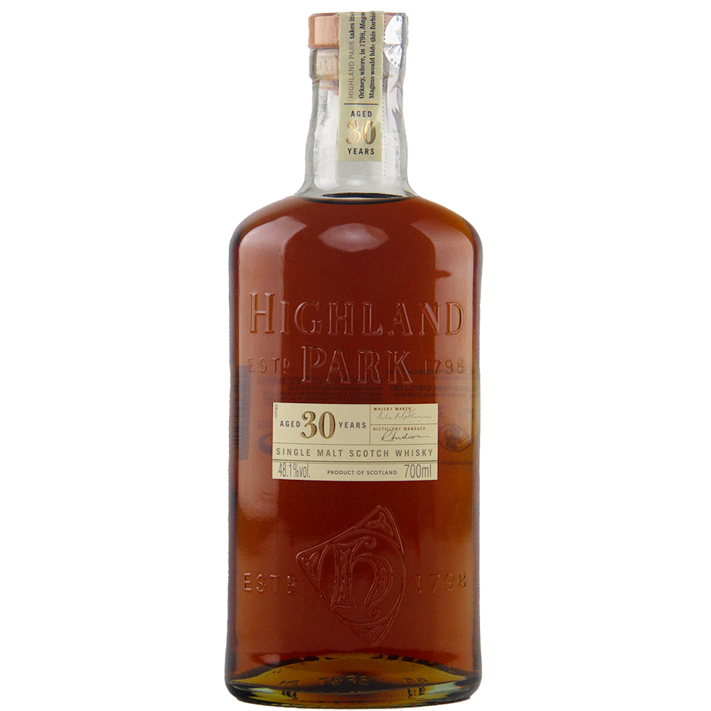 Highland Park 30-year-old single malt Scotch whisky bottle on a white background