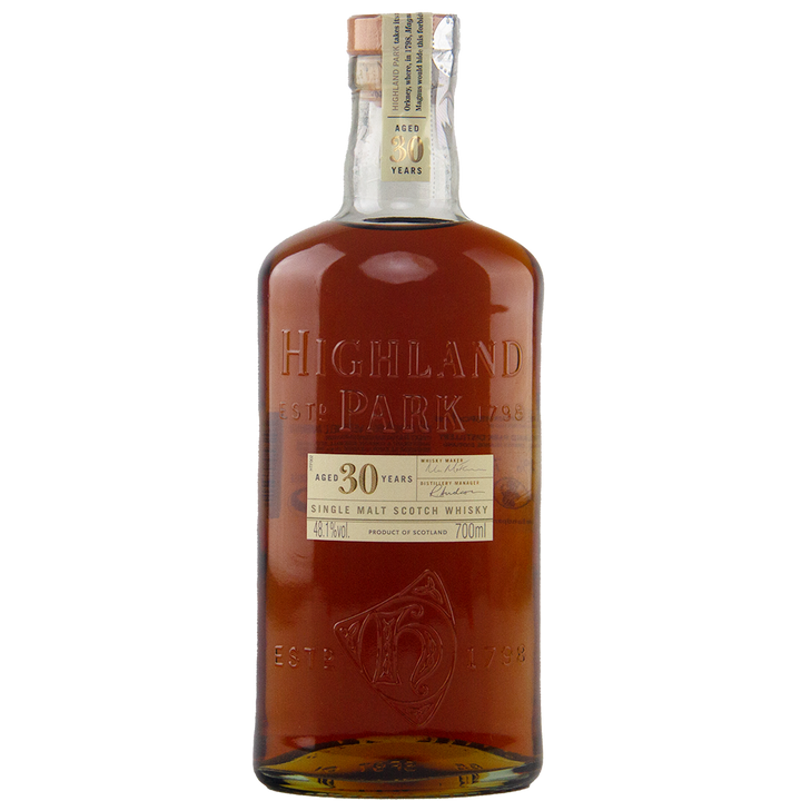 Highland Park 30-year-old single malt Scotch whisky bottle on a white background