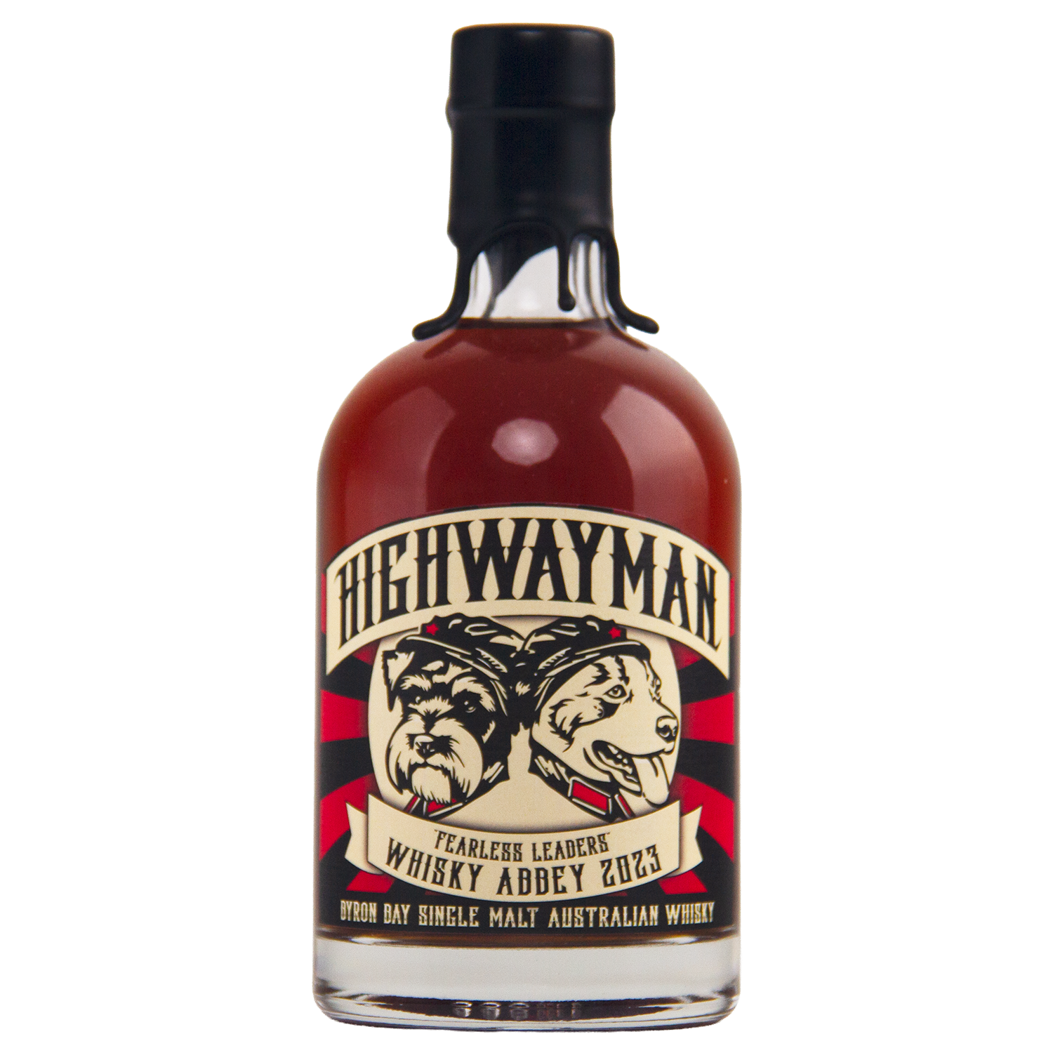 Highwayman Whisky Abbey is a limited-edition Australian single malt featuring an illustrated label with two dogs, bold “Fearless Leaders Whisky Abbey 2023” text, and sealed in sleek black wax.