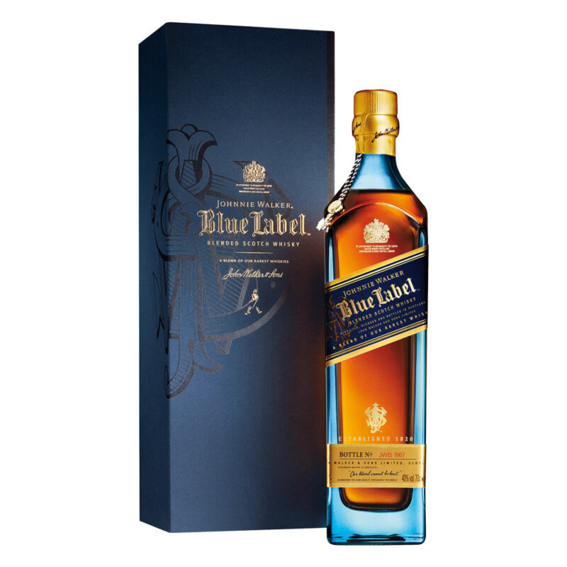Johnnie Walker Blue Label whisky bottle and packaging on a white background