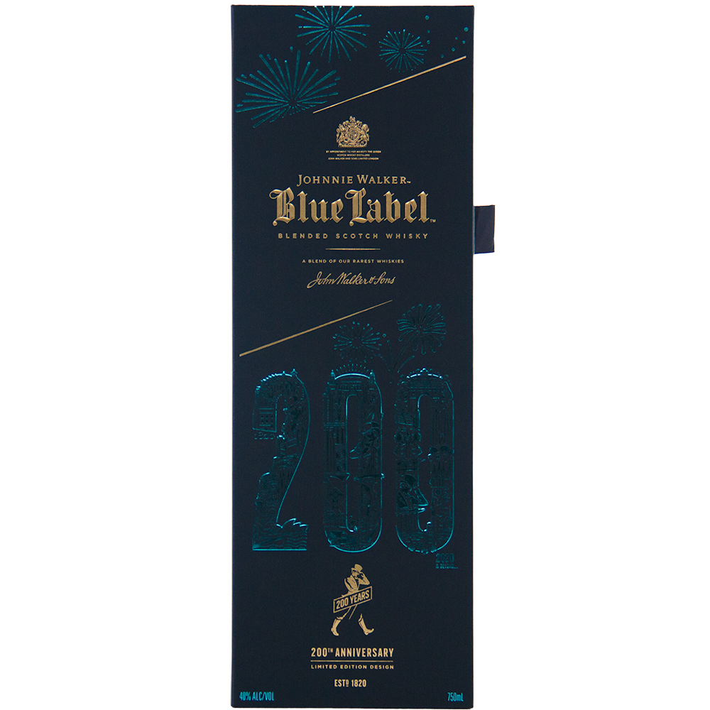 The Johnnie Walker Blue Label 200th Anniversary comes in a dark blue box with gold and blue text, festive fireworks, and a Limited Edition design—ideal for collectors and fans celebrating 200 years of the brand.