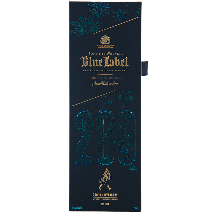 The Johnnie Walker Blue Label 200th Anniversary comes in a dark blue box with gold and blue text, festive fireworks, and a Limited Edition design—ideal for collectors and fans celebrating 200 years of the brand.