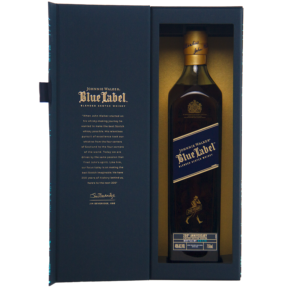 Johnnie Walker Blue Label 200th Anniversary is a collectible whisky presented in a box to celebrate the limited edition release.