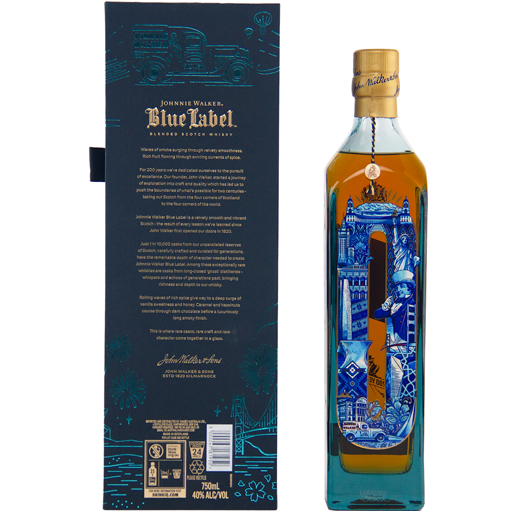 The Johnnie Walker Blue Label 200th Anniversary Scotch whisky features a decorative blue cityscape and comes in a matching blue and gold box—an exquisite limited edition collectible for whisky enthusiasts.
