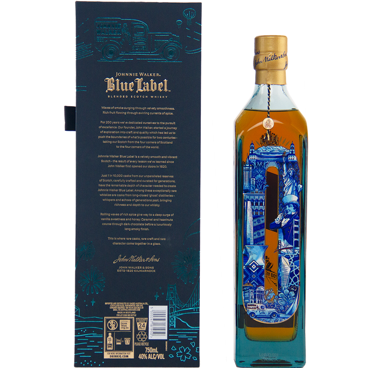 The Johnnie Walker Blue Label 200th Anniversary Scotch whisky features a decorative blue cityscape and comes in a matching blue and gold box—an exquisite limited edition collectible for whisky enthusiasts.