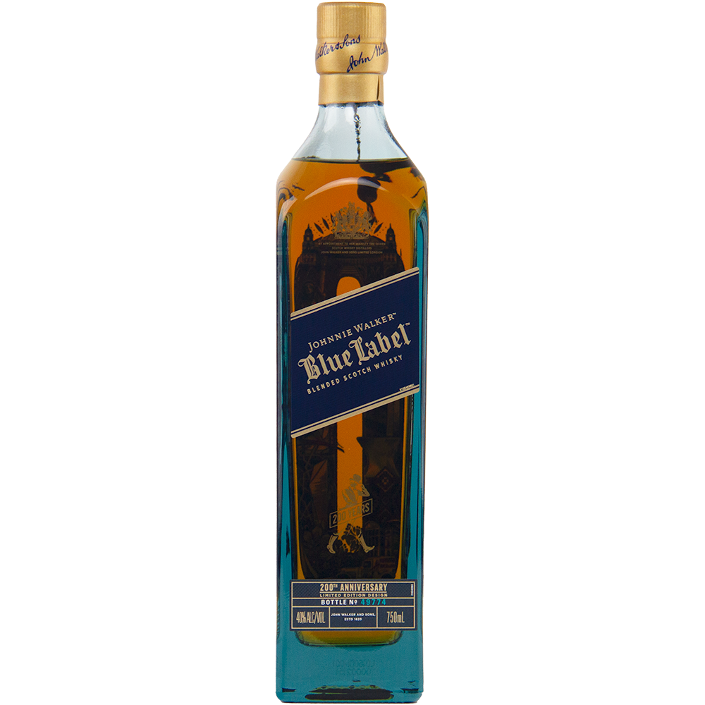 A 750ml bottle of Johnnie Walker Blue Label 200th Anniversary, featuring a gold cap, blue label, collectible limited edition design, and 43% ABV blended Scotch whisky.