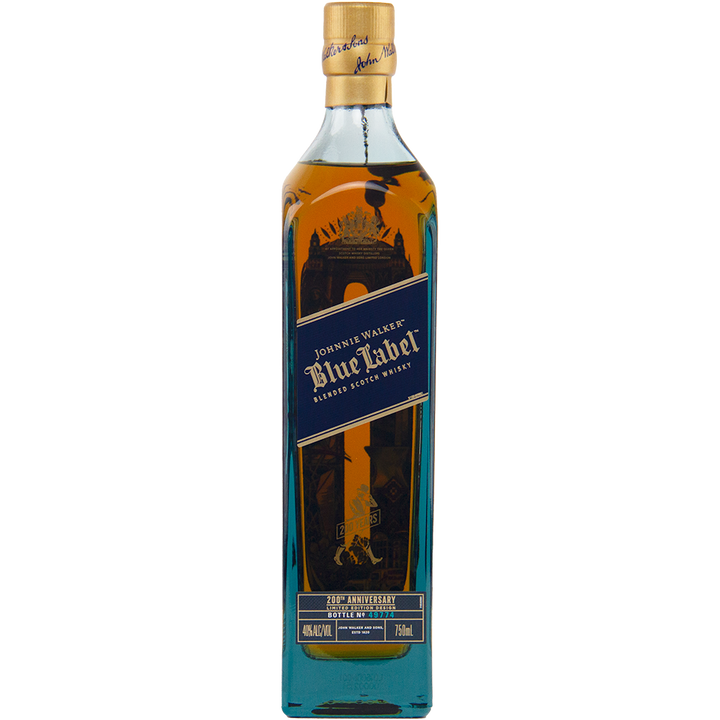 A 750ml bottle of Johnnie Walker Blue Label 200th Anniversary, featuring a gold cap, blue label, collectible limited edition design, and 43% ABV blended Scotch whisky.