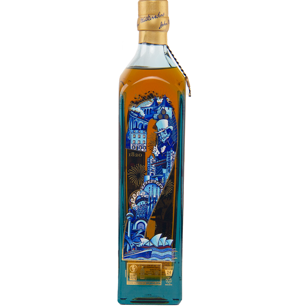 A tall bottle of Johnnie Walker Blue Label 200th Anniversary whisky features an intricate blue and gold label with cityscape, waves, a top-hatted man, the numbers 1820, and gold seal accents—a true collectible whisky.