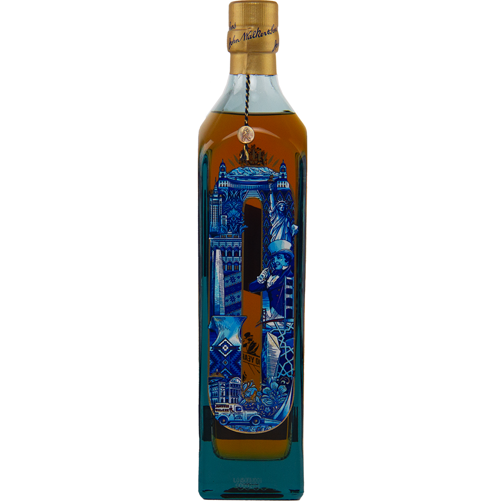 The Johnnie Walker Blue Label 200th Anniversary features a gold cap and detailed blue city landmark illustrations within the letter J, making it a true collectible Scotch whisky.