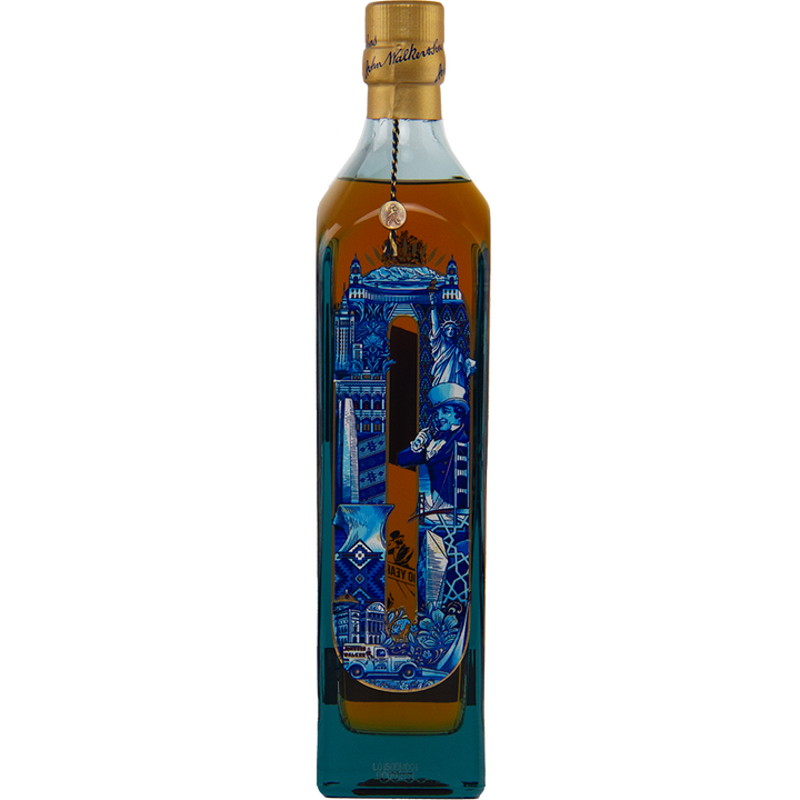 The Johnnie Walker Blue Label 200th Anniversary features a gold cap and detailed blue city landmark illustrations within the letter J, making it a true collectible Scotch whisky.