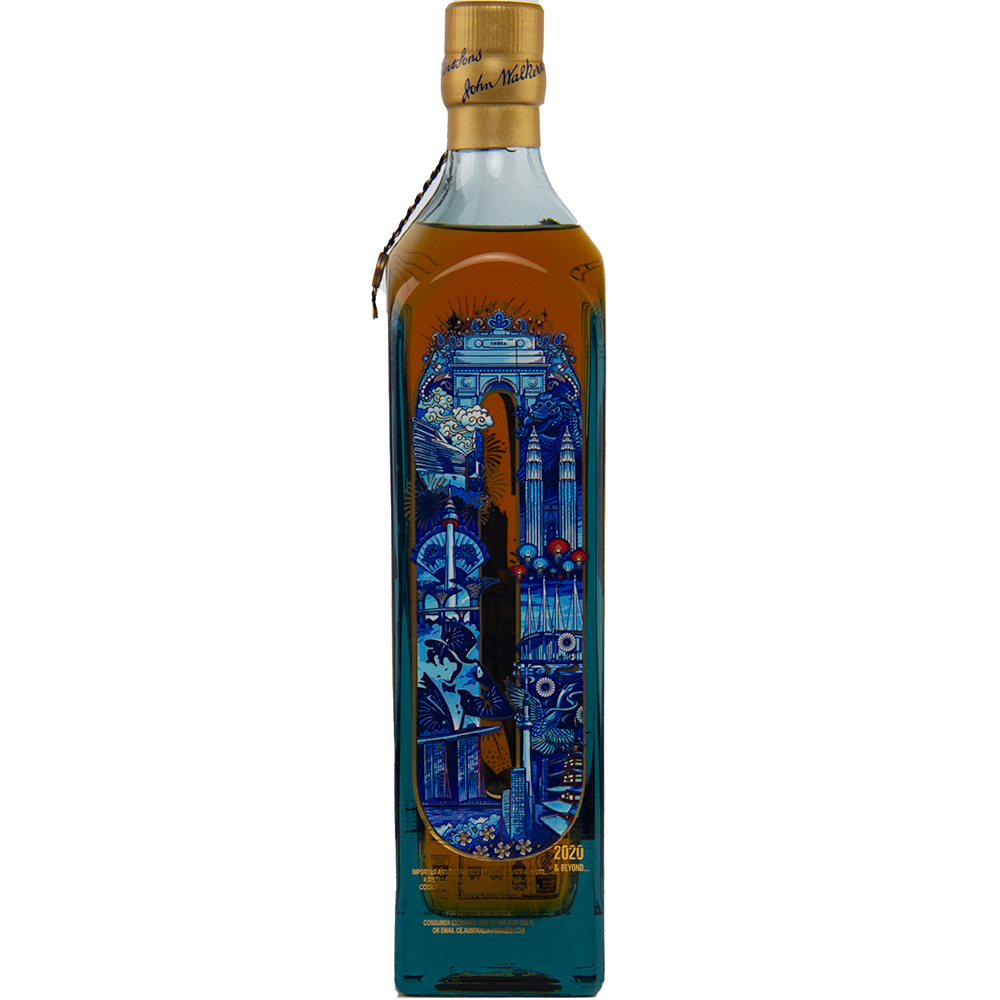 A tall, rectangular glass bottle of Johnnie Walker Blue Label 200th Anniversary whisky with a gold cap, featuring blue and gold cityscape and celebratory designs as part of its Limited Edition collectible release.