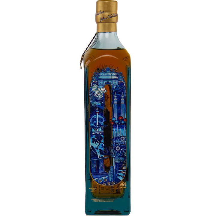 A tall, rectangular glass bottle of Johnnie Walker Blue Label 200th Anniversary whisky with a gold cap, featuring blue and gold cityscape and celebratory designs as part of its Limited Edition collectible release.