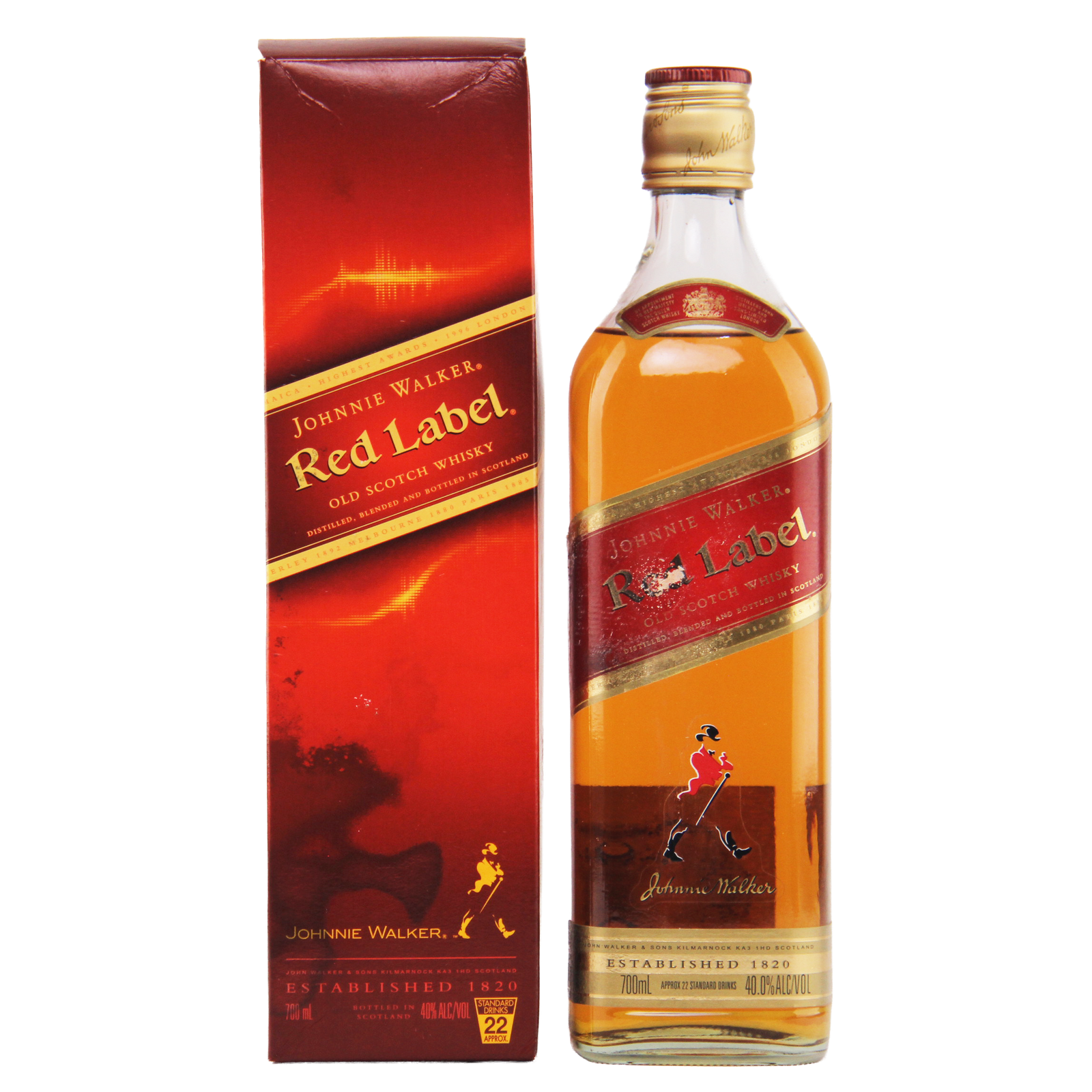 Johnnie Walker Red Label whisky bottle and packaging on a white background