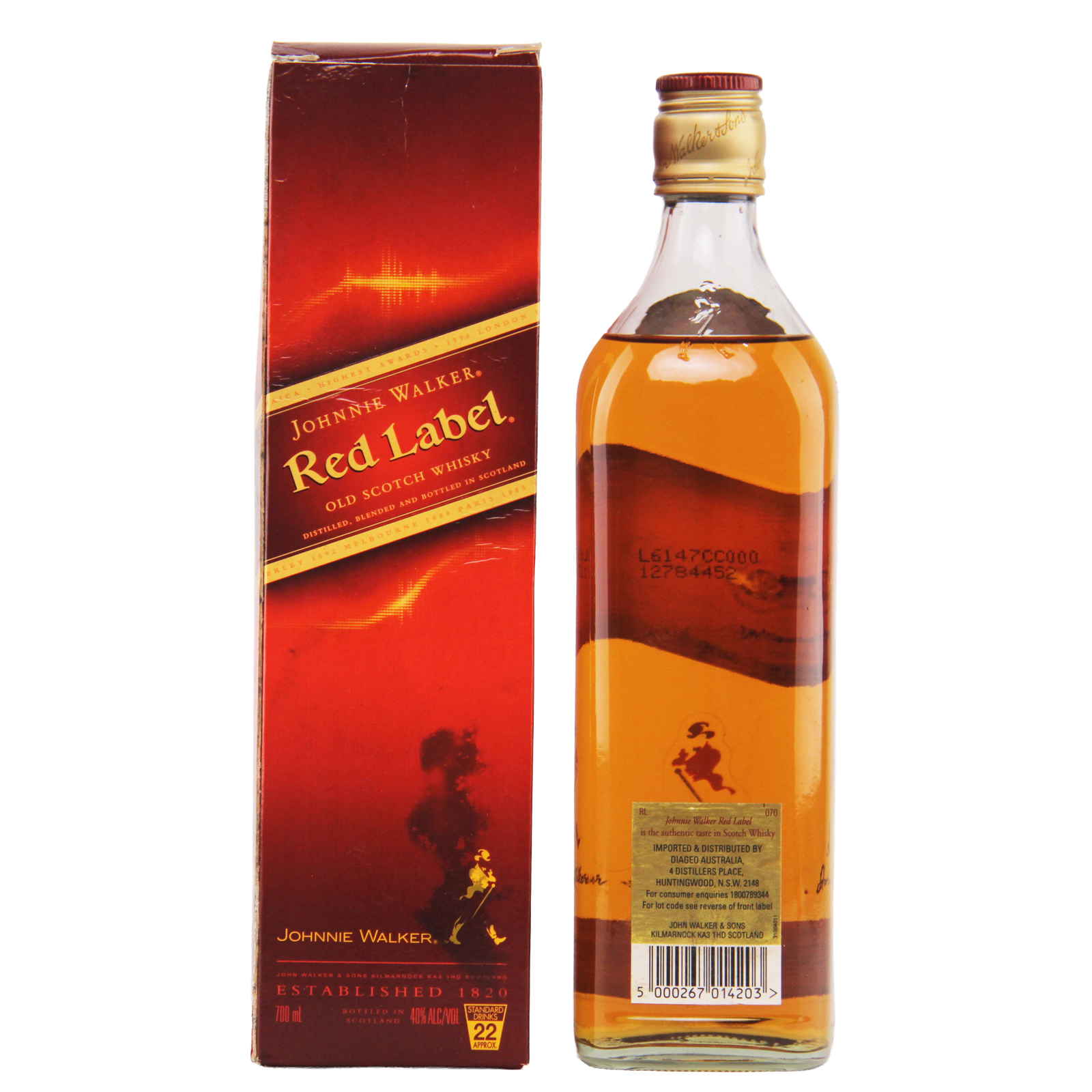 Johnnie Walker Red Label whisky bottle and box on a white background