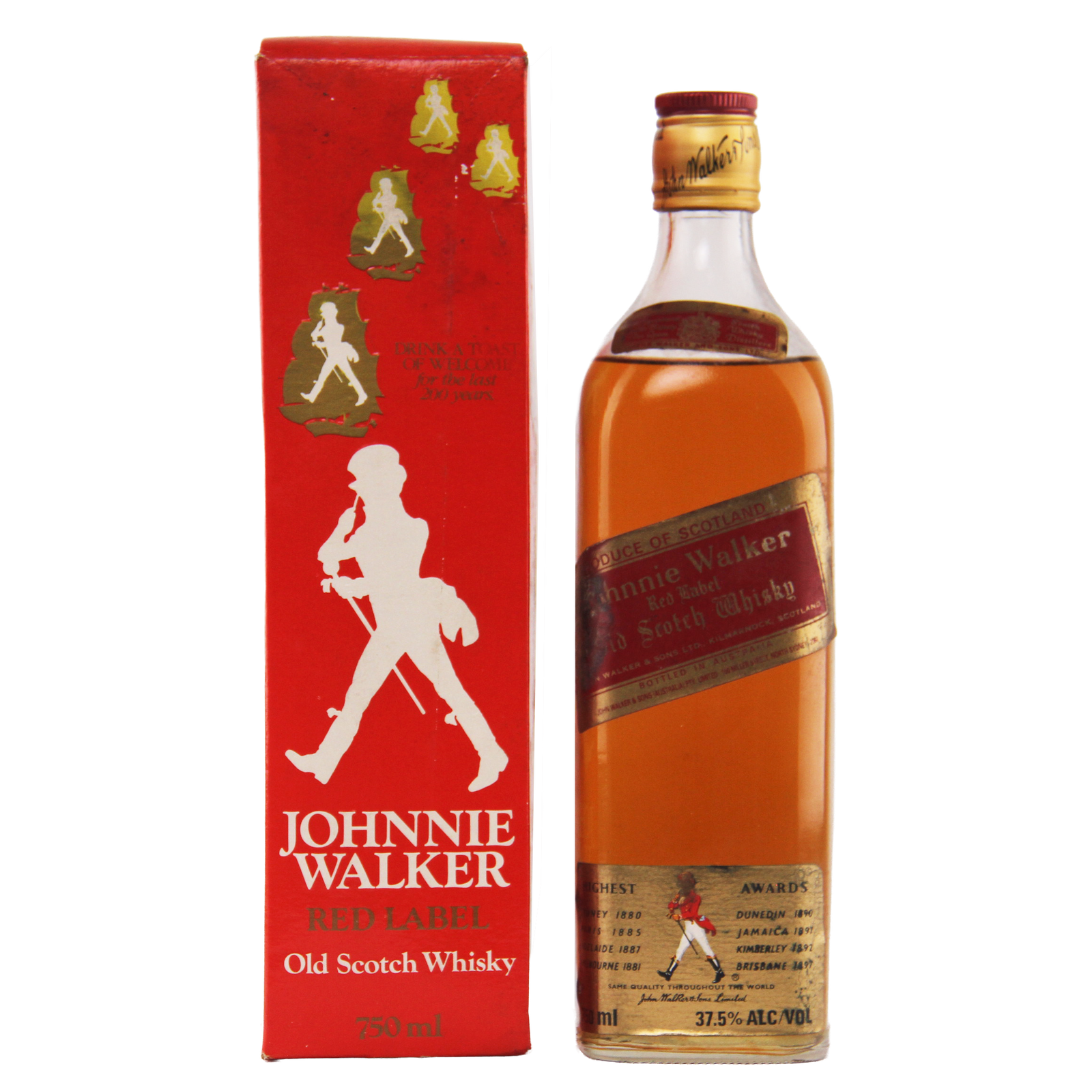 Johnnie Walker Red Label Old Scotch Whisky bottle and packaging on a white background