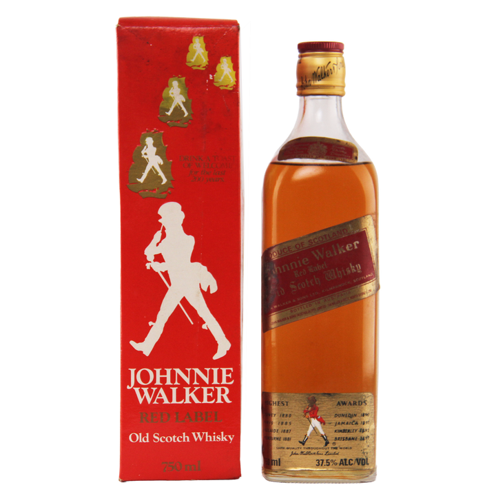 Johnnie Walker Red Label Old Scotch Whisky bottle and packaging on a white background