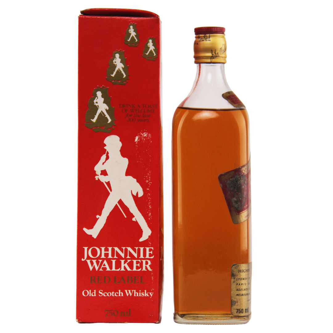 Johnnie Walker Red Label Old Scotch Whisky bottle and packaging on a white background