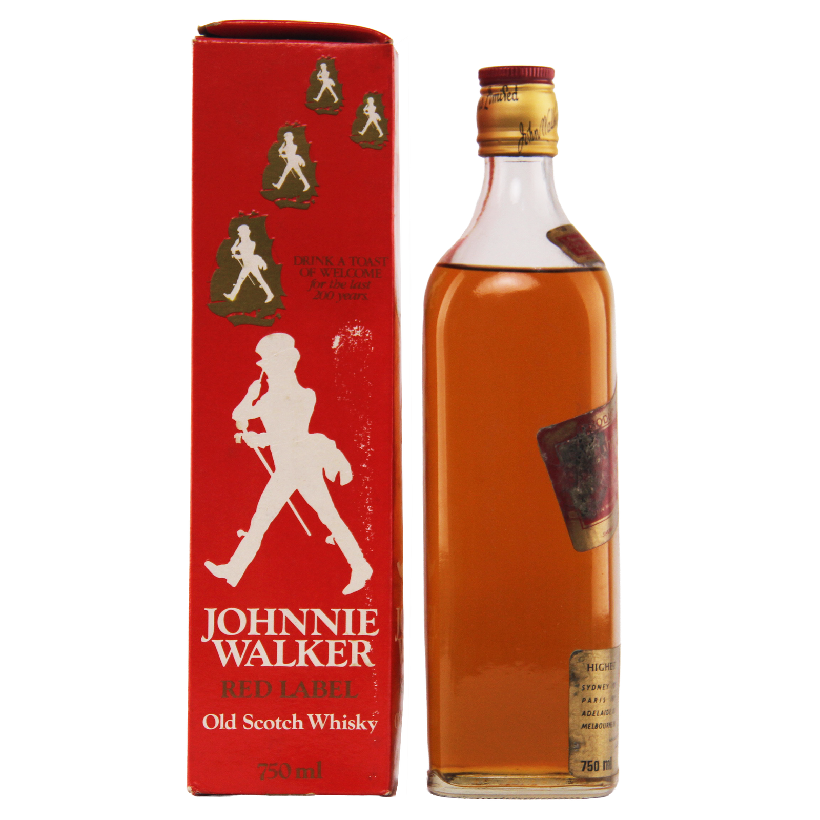 Johnnie Walker Red Label Old Scotch Whisky bottle and packaging on a white background