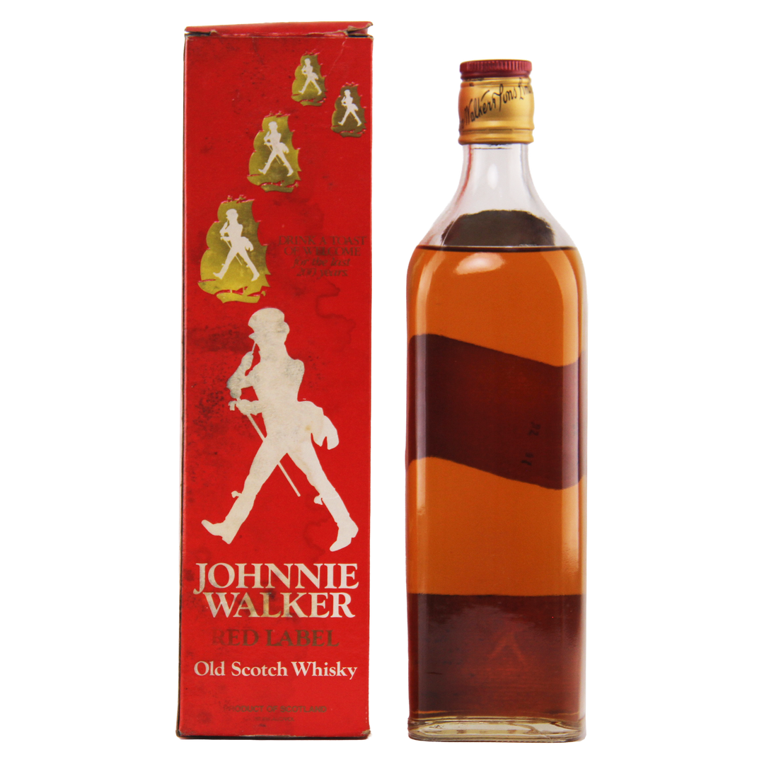 Johnnie Walker Red Label Old Scotch Whisky bottle and packaging on a white background