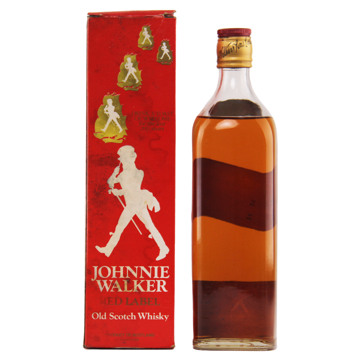 Johnnie Walker Red Label Old Scotch Whisky bottle and packaging on a white background