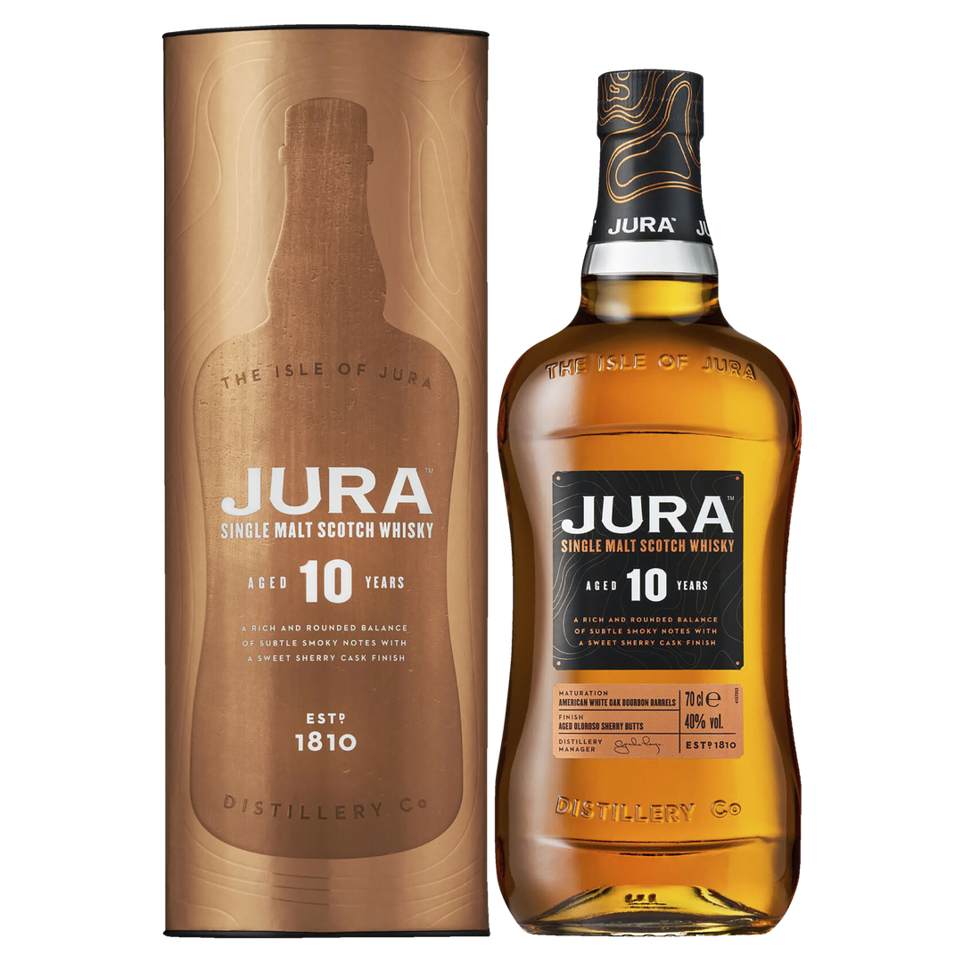 A bottle of Jura 10 Year Old Single Malt Scotch Whisky stands beside its cylindrical packaging, both with black and gold labels featuring whisky details and Jura Distillery branding, set against a plain light background.