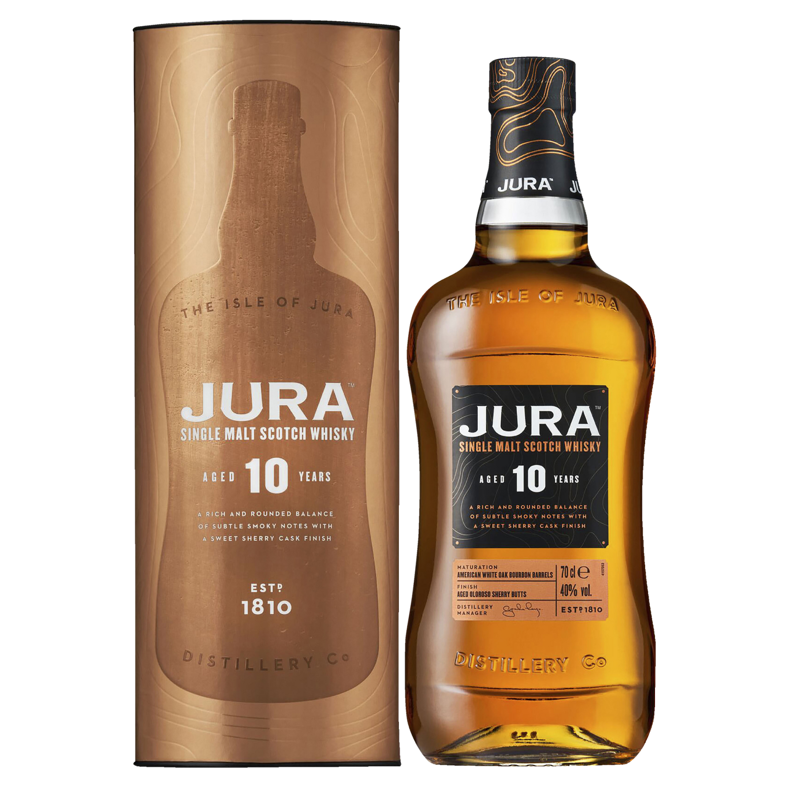 A bottle of Jura 10 Year Old Single Malt Scotch Whisky stands beside its cylindrical packaging, both with black and gold labels featuring whisky details and Jura Distillery branding, set against a plain light background.
