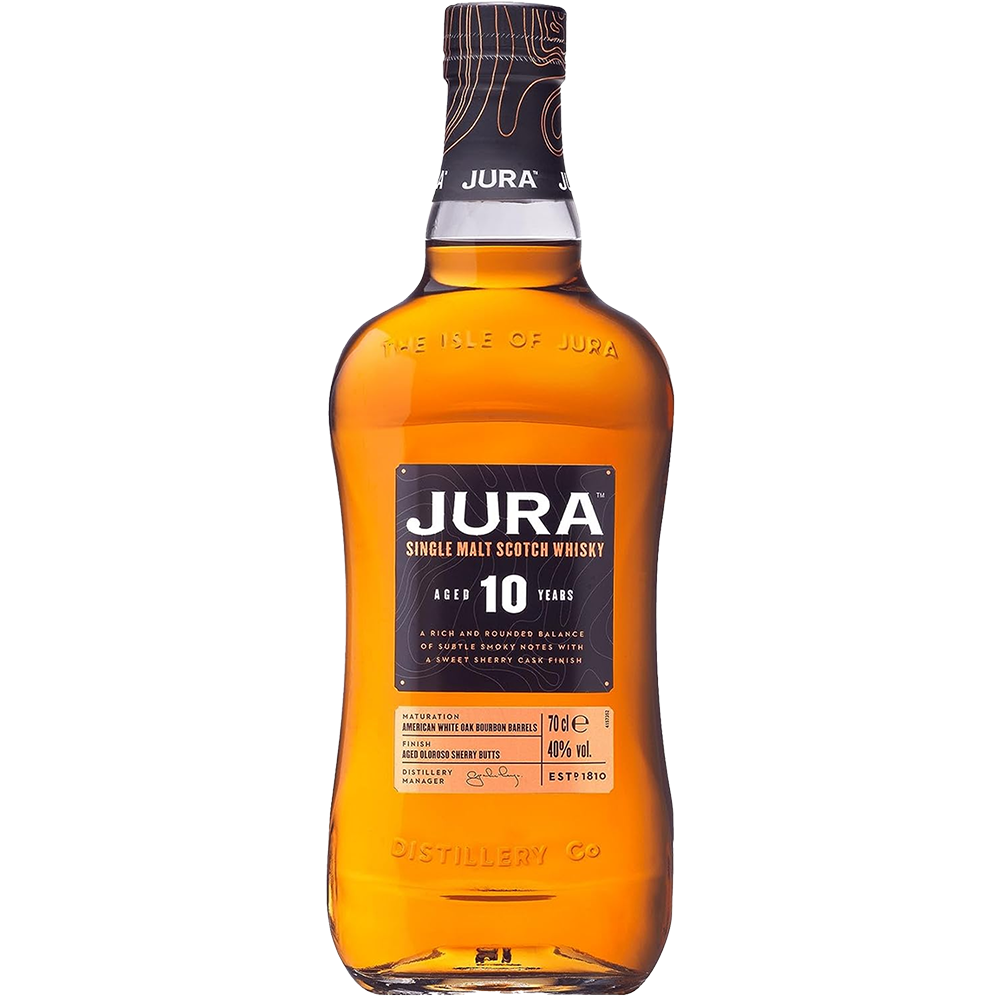 A bottle of Jura 10 Year Old Single Malt Scotch Whisky with amber liquid, featuring a black label showing the brand name, age, and details from Jura Distillery.