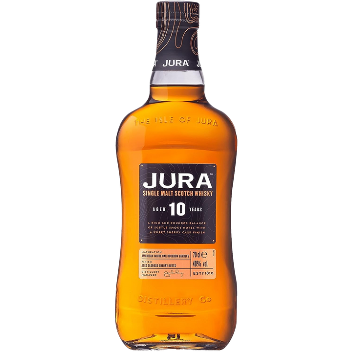 A bottle of Jura 10 Year Old Single Malt Scotch Whisky with amber liquid, featuring a black label showing the brand name, age, and details from Jura Distillery.