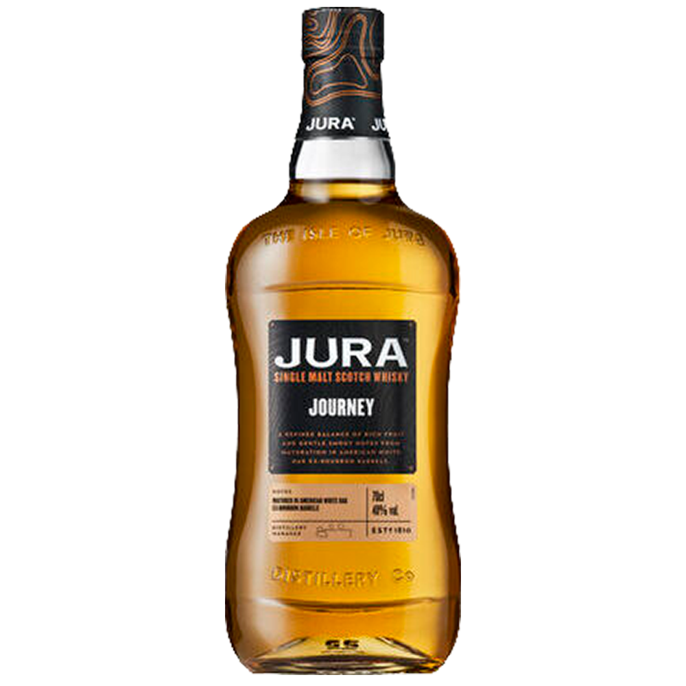 A bottle of Jura Journey Single Malt Scotch Whisky with a black label, gold accents, distinct wavy glass design, aged in American white oak ex-bourbon barrels. The word JURA is prominently on the front.