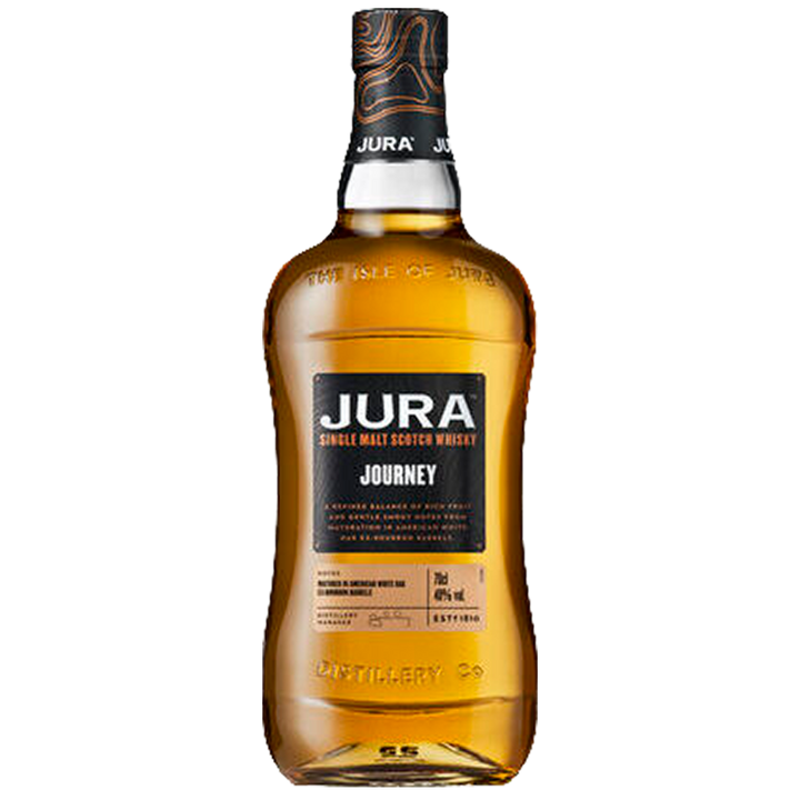 A bottle of Jura Journey Single Malt Scotch Whisky with a black label, gold accents, distinct wavy glass design, aged in American white oak ex-bourbon barrels. The word JURA is prominently on the front.